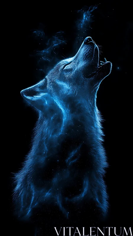 Luminous blue wolf profile in stylized cosmic silhouette.