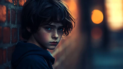 Boy stands against brick wall in shallow depth of field portrait