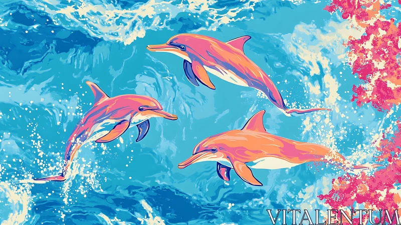 Vibrant trio of dolphins leaping through stylized turquoise surf.