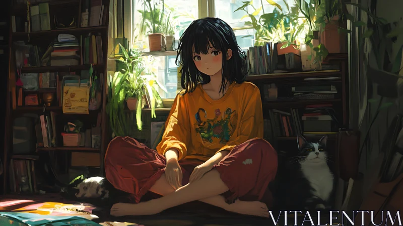 Young person seated in plant filled room with two cats.