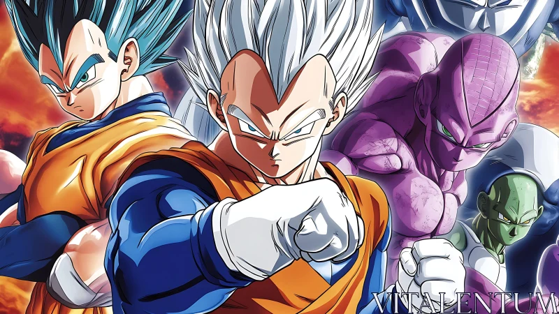 Anime warriors in dynamic battle-ready group composition.