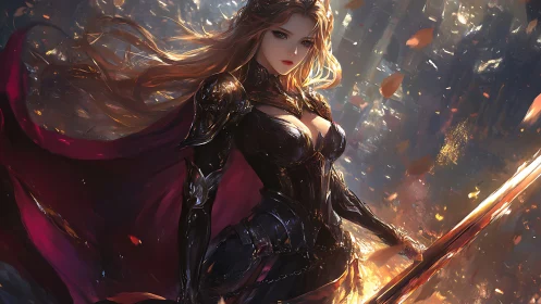 Firelit forest knight with flowing crimson battle cloak.