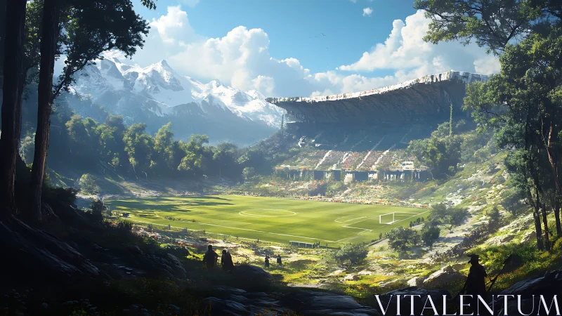 Football stadium structure stands in overgrown alpine valley