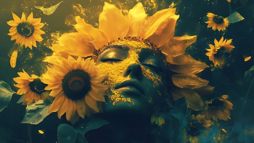 Surreal female face merges with radiant blooming sunflowers