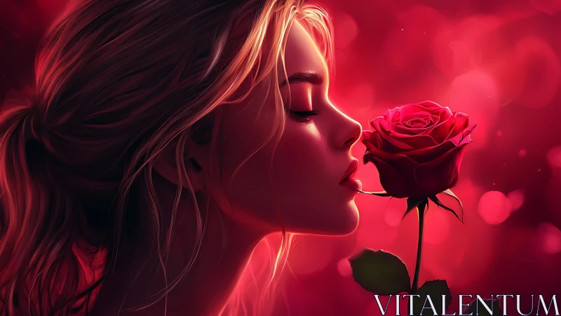 Luminous Reverie: Woman Embraces Crimson Rose in Neon Glow.