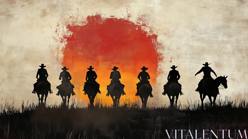 Cowboy silhouettes riding toward blazing western sun.