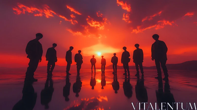 Silhouetted group stands united against a blazing sunset sky