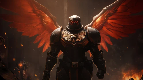 Armored angelic warrior rises amid embers and shadows.