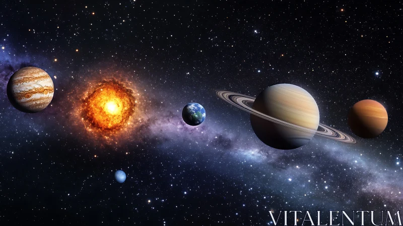 Solar system planets aligned against dense star field.