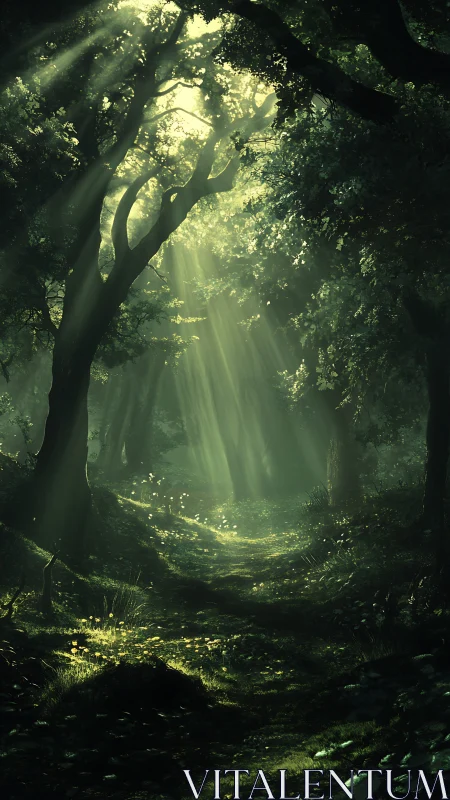 Ancient Forest Bathed in Celestial Rays of Light