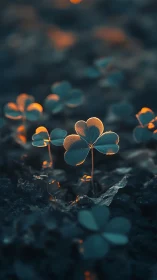 Clover lanterns glow in dusky soil, whispering quiet luck.