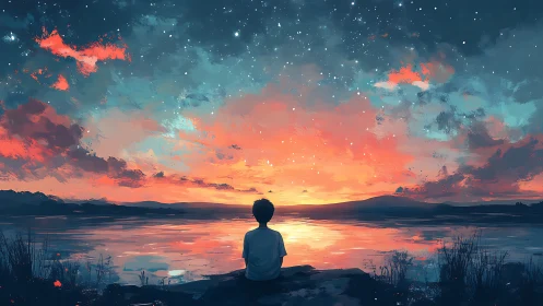 Silhouetted child observes vivid sunset sky over lake