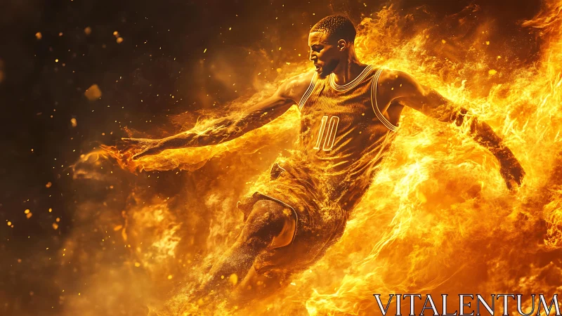 Basketball player bursts through swirling inferno flames.