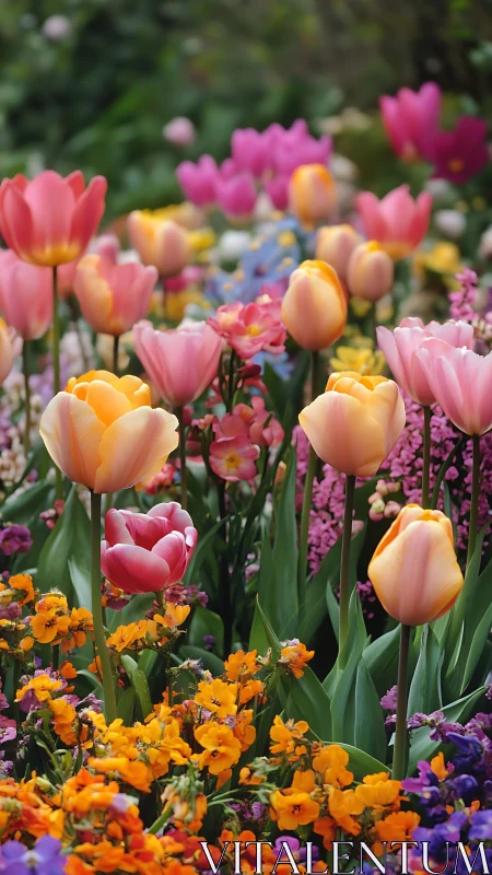 Multicolored tulips in spring garden composition.