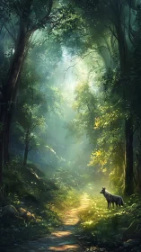 Solitary wolf standing in sunlit forest clearing path.