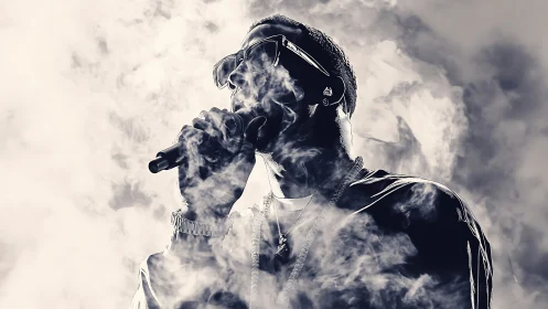 Smoky stage moment with a passionate hip hop performer.