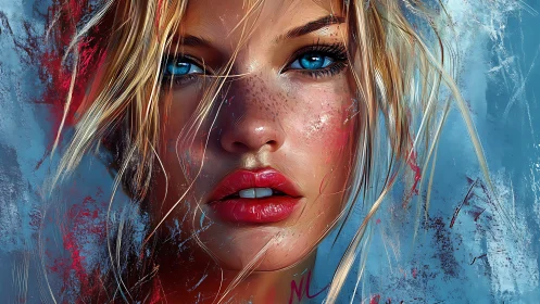 Digital close-up portrait depicts a freckled woman’s face