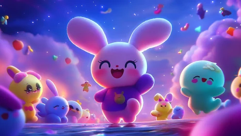 Joyful bunny friends dancing through a dreamy candy sky.