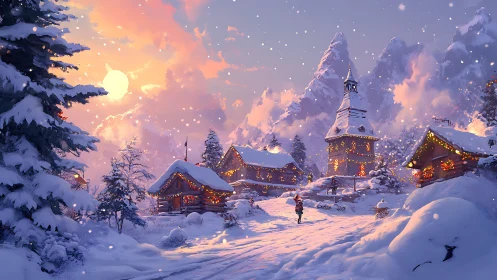Snowlit alpine village humming with cozy winter wonder.