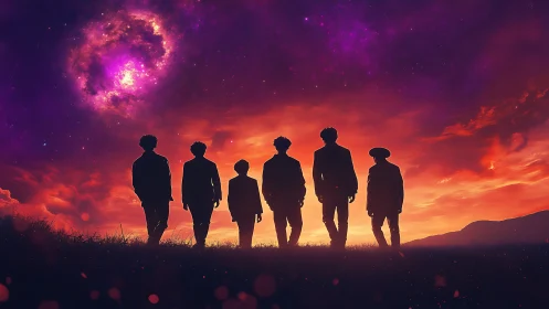 Friends standing under a glowing cosmic sunset sky.