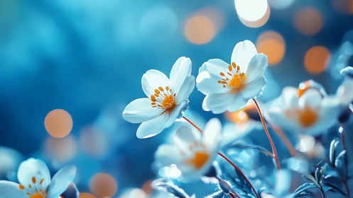 White Anemone Flowers with Golden Centers Against Blue Bokeh.