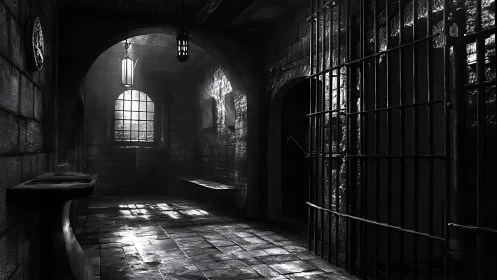 Monochrome stone prison corridor with barred cell gate.