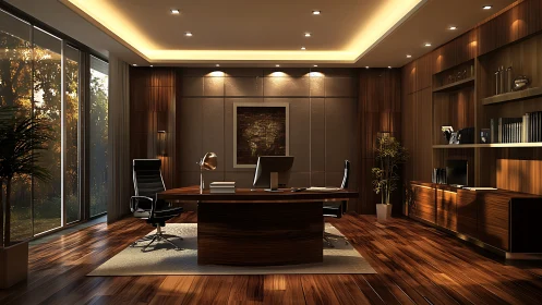 Contemporary executive office interior with wood finishes.