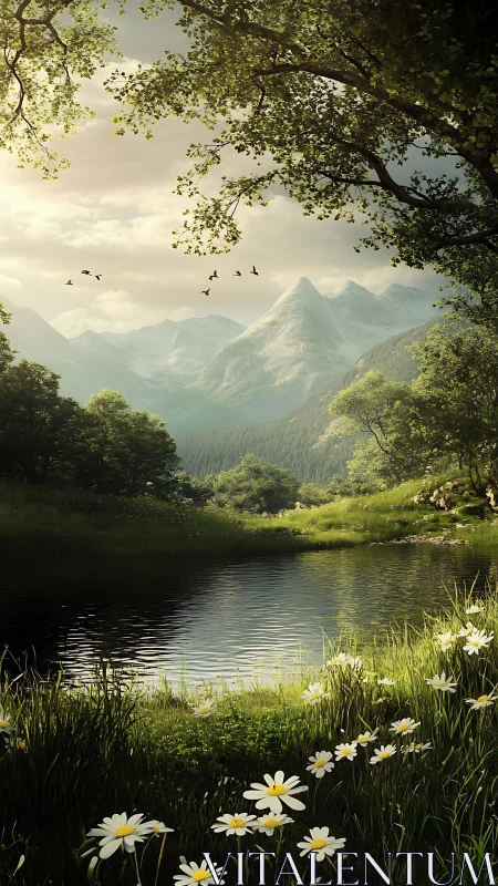 Sunlit mountain lake rests beneath tranquil forest canopy