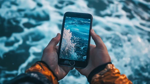 Ocean portal in a phone screen, waves colliding with reality.