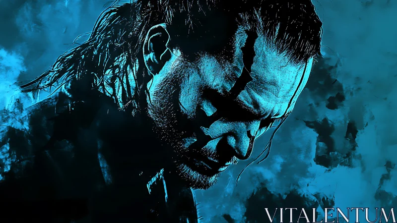 Digital painting portrait with cyan high-contrast chiaroscuro.