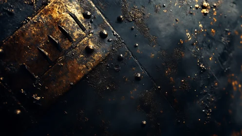 Weathered metallic surface with rivets and oxidized patina.