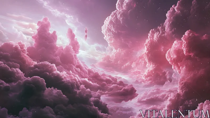 Dreamy pink cloud kingdom floating in a softly glowing sky.