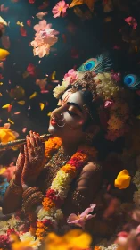 Divine veena player in floral garlands and glowing bokeh light.