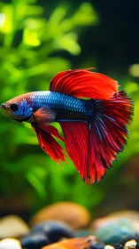 Vibrant betta fish with flowing red fins in soft bokeh tank.