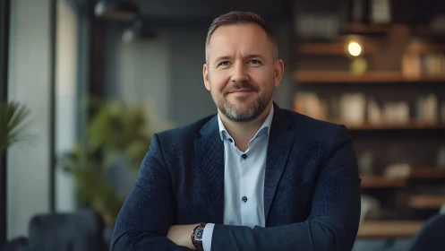 Corporate portrait of confident businessman in modern office interior