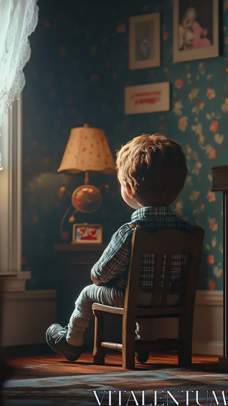 Quiet afternoon kid daydreaming in a cozy bedroom nook.