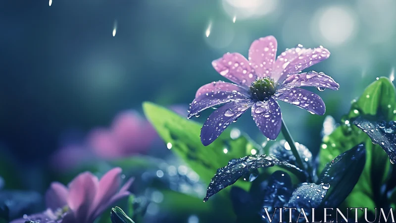 Raindrops choreograph nature's jeweled ballet across velvet petals