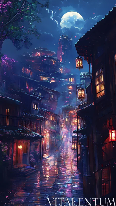 Moonlit lantern street glows across a rainy neon nightscape.