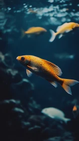Golden koi glides through deep blue aquarium waters.