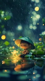 Child under leaf umbrella beside glowing flower in rain