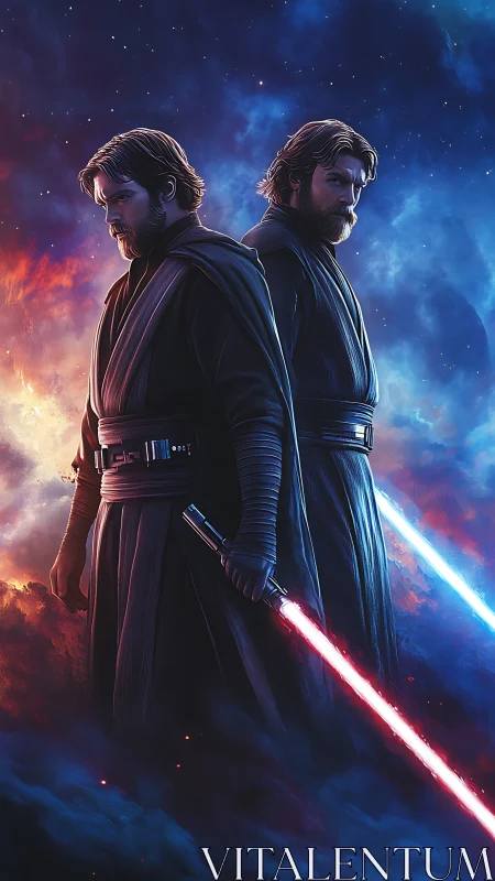 Dual robed warriors with opposing energy blades in nebular void