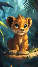 Wide-eyed lion cub in glowing jungle clearing portrait.