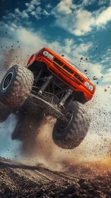 Dynamic low-angle photorealistic jump of off-road truck.