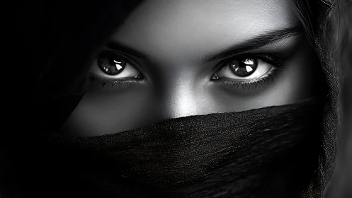 Intense monochrome gaze framed by dark textured veil