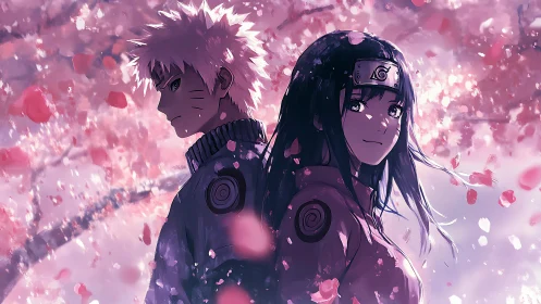 Anime duo under sakura canopy rendered in soft backlit palette