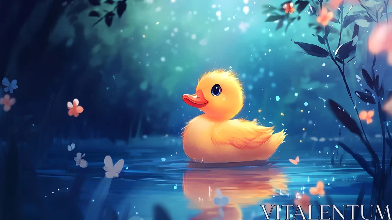 Starlit duckling drifts through a dreamy forest pond.
