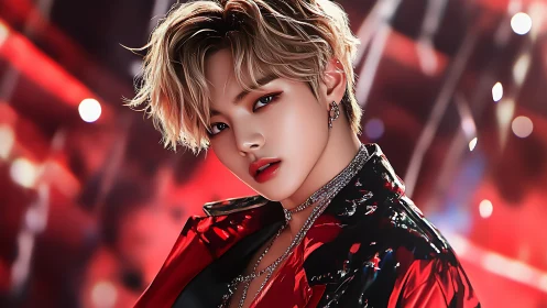 Shimmering pop star holds a bold gaze in glowing red light