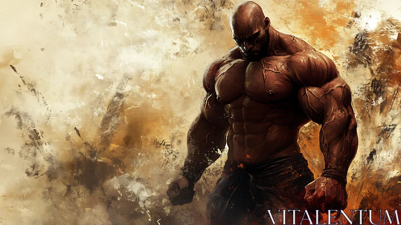 Hyper-muscular warrior emerges from abstract infernal haze