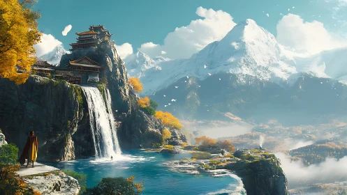 Monastery above the falls in a mist-wrapped mountain dreamscape.