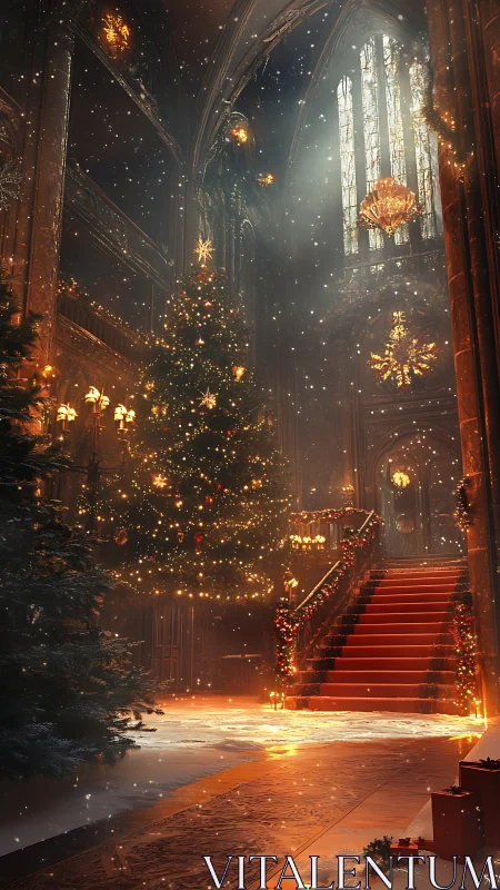 Grand gothic hall with illuminated Christmas staircase.